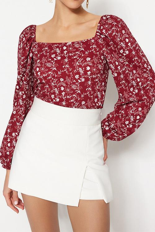 Textured Knitted Blouse - Red Floral Print