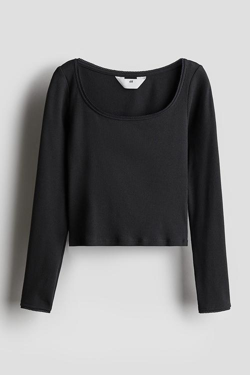 Picot-trimmed ribbed top - dark grey