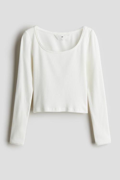 Picot-trimmed ribbed top - natural white
