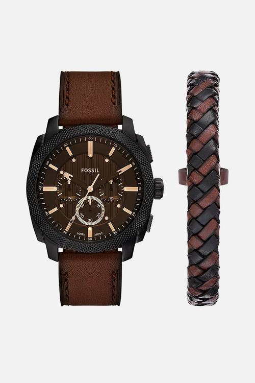 Fossil mens machine chronograph watch and bracelet set - brown