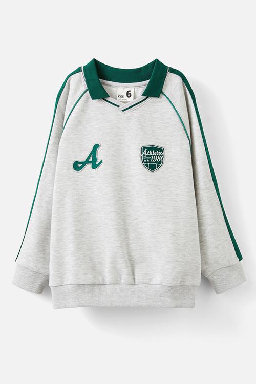Polo collar fleece top - grey marle w/ varsity green trim