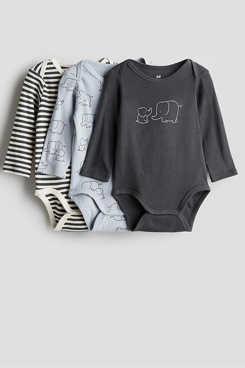 3-Pack long-sleeved bodysuits - light blue elephants