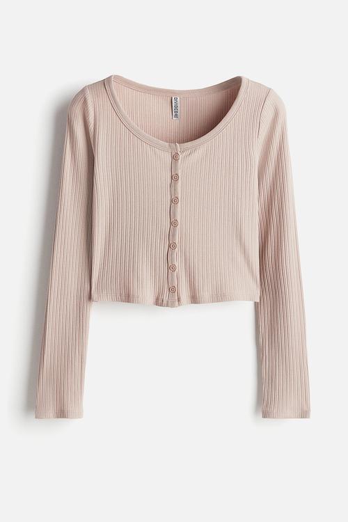 Ribbed button-front top - light dusty pink