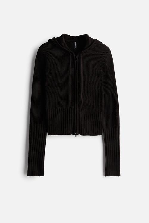 Rib-knit zip-through hoodie - black