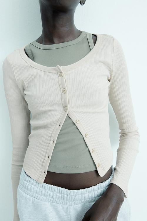 Ribbed button-front top - beige