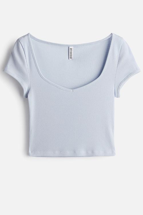 Ribbed sweetheart-neck T-shirt - light blue