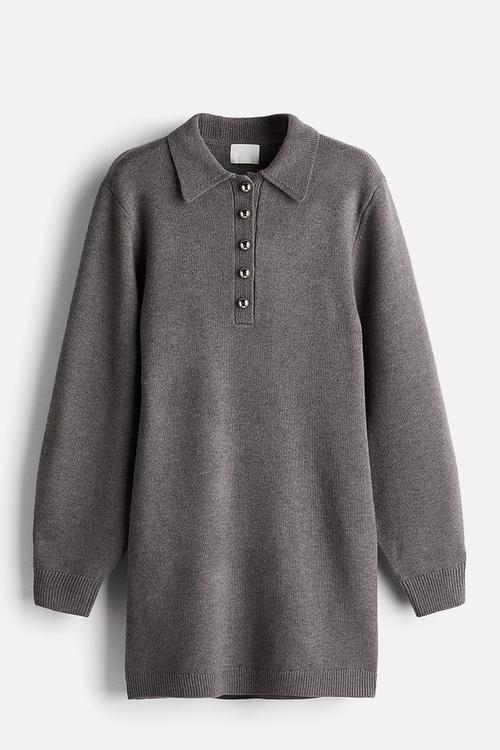 Fine-knit collared dress - grey marl