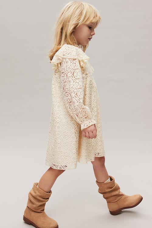Frill-trimmed lace dress - light beige 