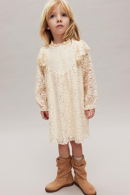 Frill-trimmed lace dress - light beige 