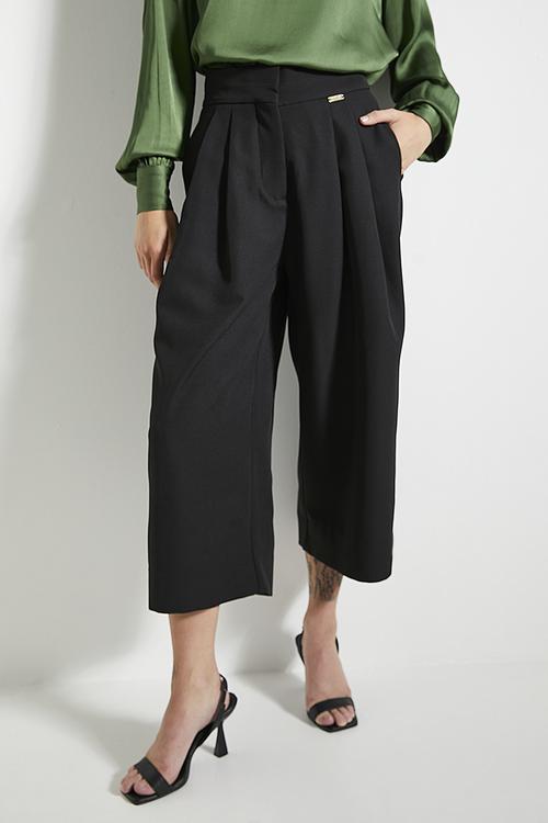 Stretch Wide Leg Cropped Pants - Black Contrast