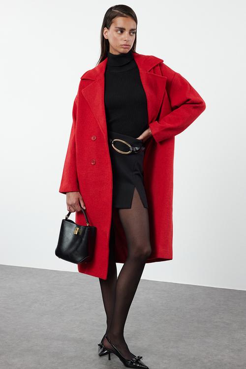 Oversize wide cut long wool cashmere coat - red