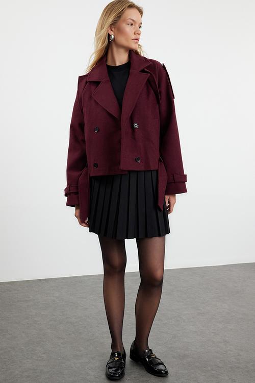 Soft textured seasonal short oversize cashmere coat - claret red 