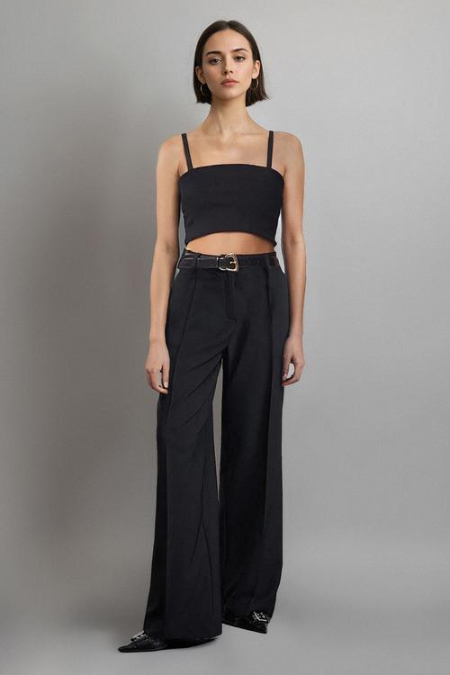 Belted ankle length woven fabric trousers - black