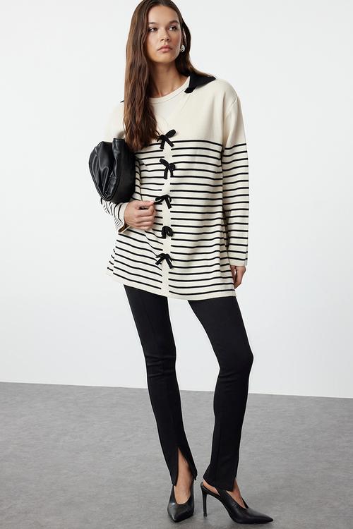 Striped bow detailed knitwear - ecru