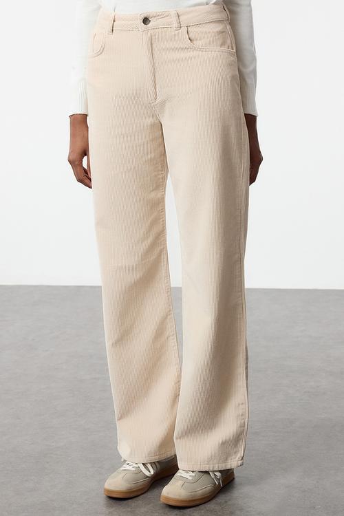Velvet straight cut trousers - beige 