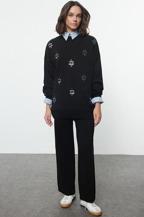 Embroidery eye detailed knitwear bottom-top set - black