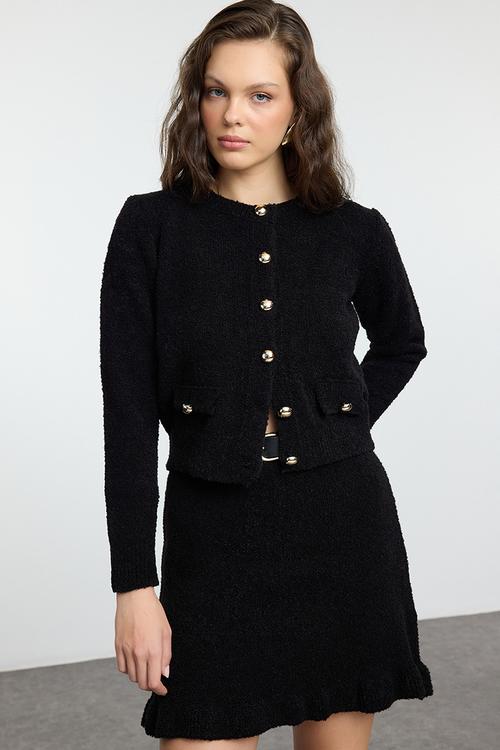 Boucle belted knitwear bottom-top set - black 