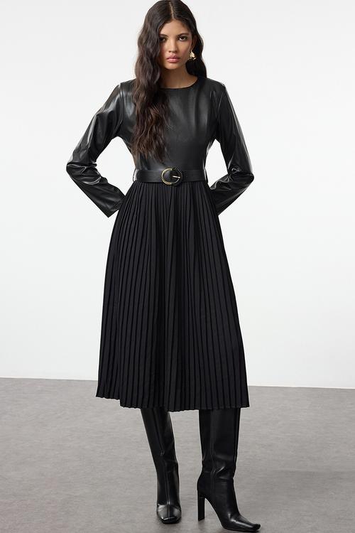 Belted faux leather pleated a-line midi woven dress - black