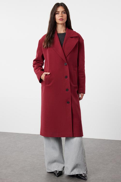 Asymmetric closure soft texture oversize coat - claret red