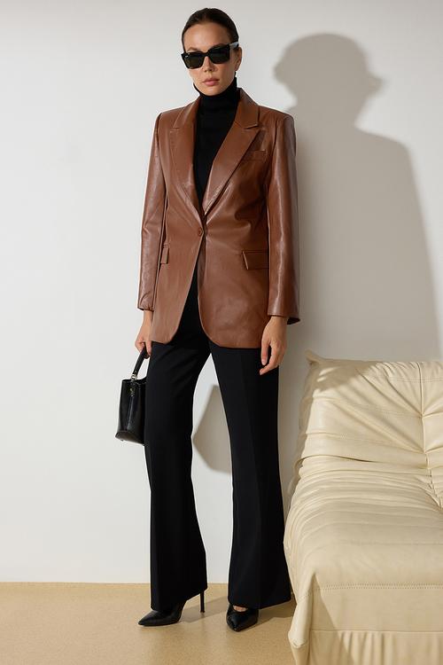 Oversized faux leather woven blazer jacket - brown