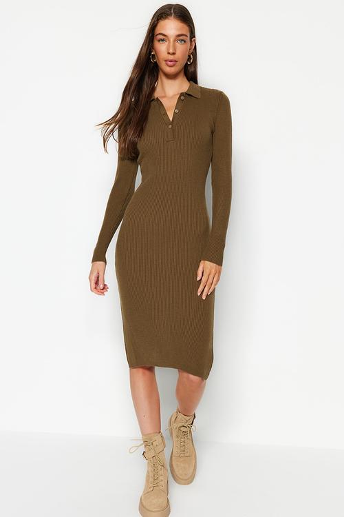 Midi knitwear polo neck dress - khaki