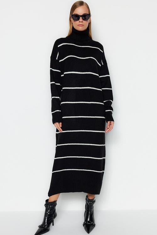 Maxi knit wide pattern soft texture dressess - black