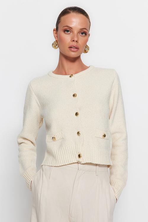 Crop premium yarn/special yarn pocket detailed jacket cardigan - ecru