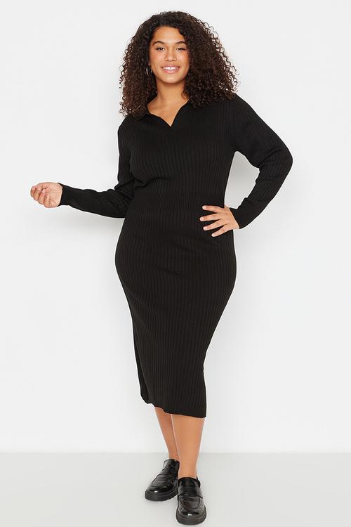 Plus polo neck ribbed dress - black
