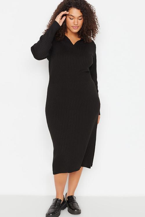 Plus polo neck ribbed dress - black