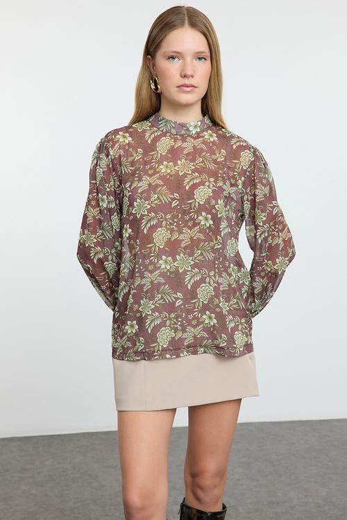 Floral patterned oversize woven blouse - brown 