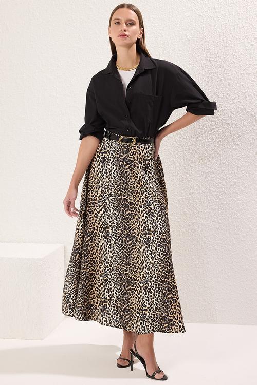 Leopard Print Woven Skirt - Brown