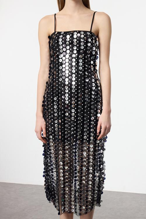 Sequin knitted long elegant evening dress - black 
