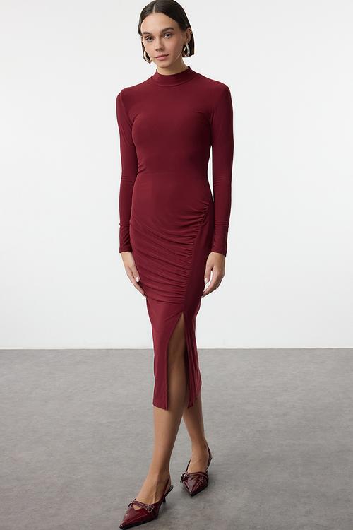 Drape detailed slit high collar fitted midi knitted dress - burgundy