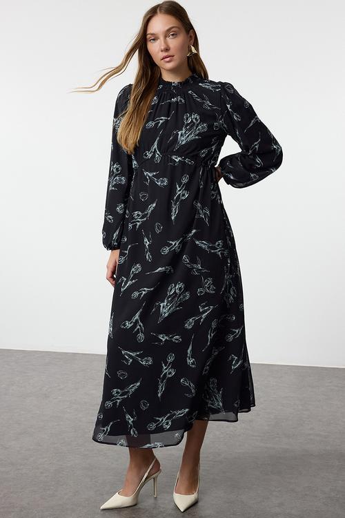 Chiffon Floral Patterned Woven - Navy Blue 