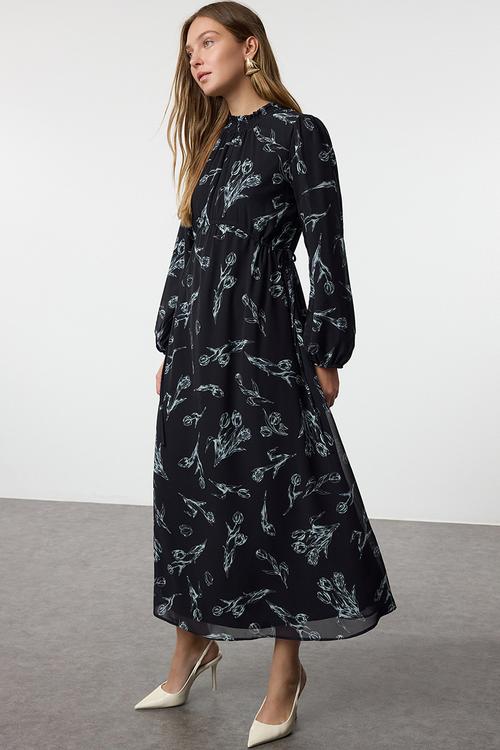 Chiffon Floral Patterned Woven - Navy Blue 