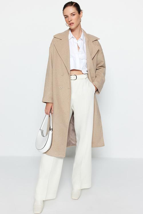 Oversize wide cut long wool cachet coat - stone 
