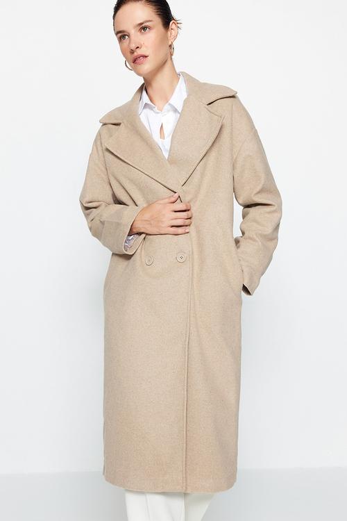 Oversize wide cut long wool cachet coat - stone 