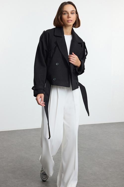 Soft textured seasonal short oversize cashmere coat - black