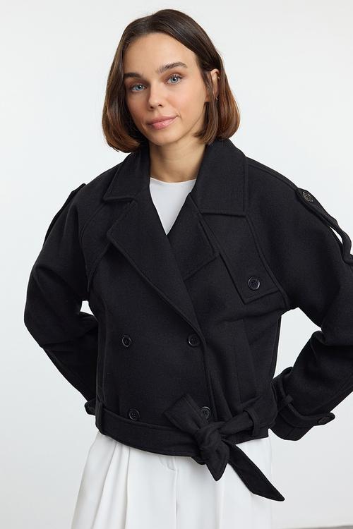 Soft textured seasonal short oversize cashmere coat - black