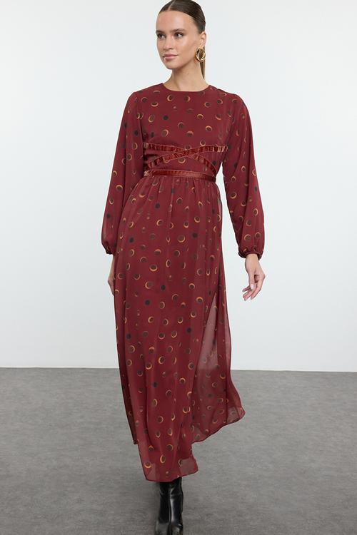 Chiffon Stripe Detailed Patterned Woven - Burgundy