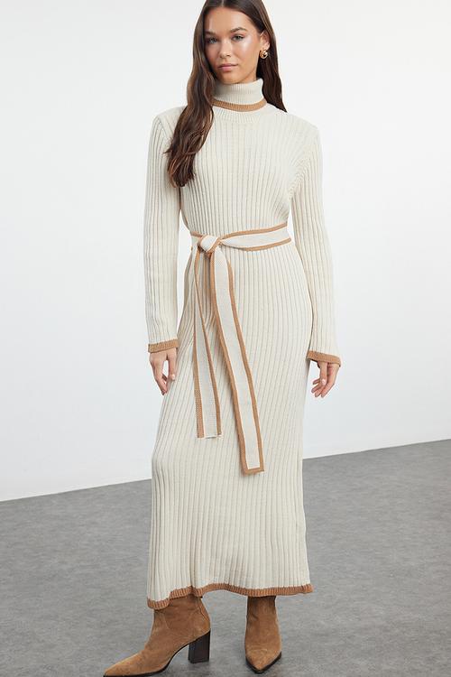 Belted mink bib knit - stone 