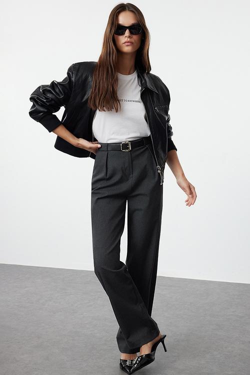 Anthracite belted straight cut woven fabric trousers