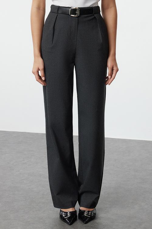 Anthracite belted straight cut woven fabric trousers