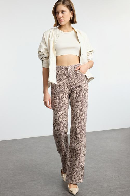 Multicolored animal print brown high waist wide leg jeans