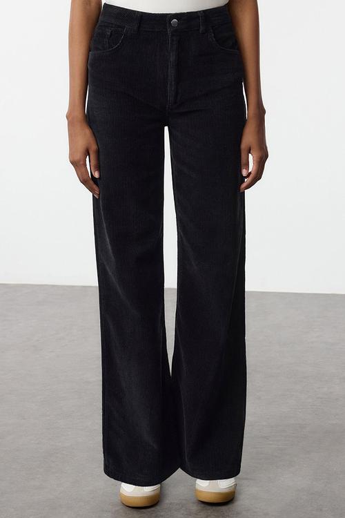 Black velvet straight cut trousers