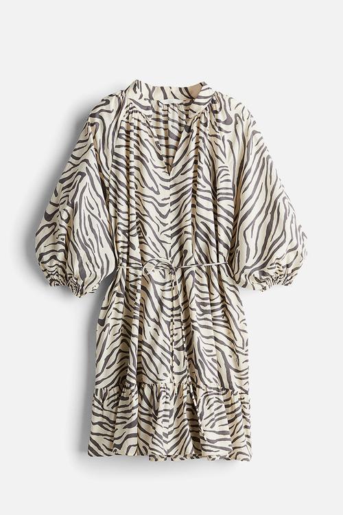 Voluminous tie-belt dress - light beige/zebra print