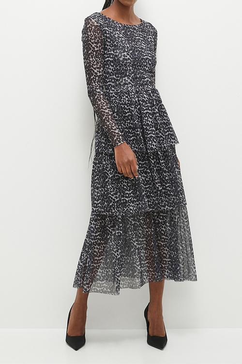 Animal Printed Tiered Layered Dress - Grey