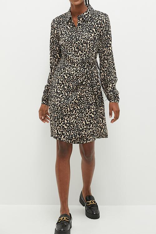Animal Printed Shirt Dress - Beige