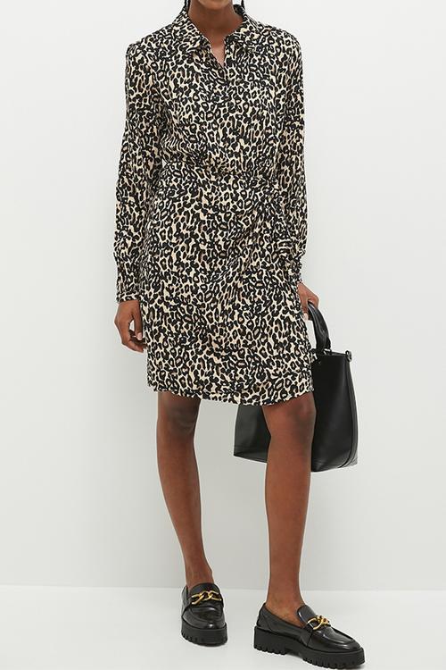 Animal Printed Shirt Dress - Beige