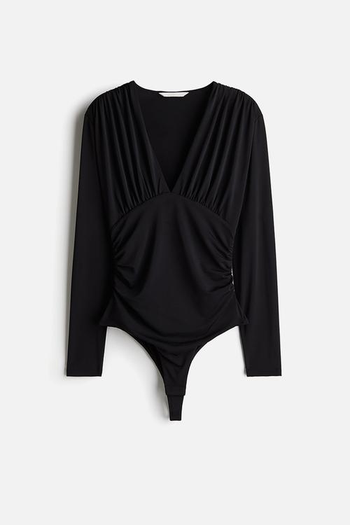 Draped v-neck thong body - black